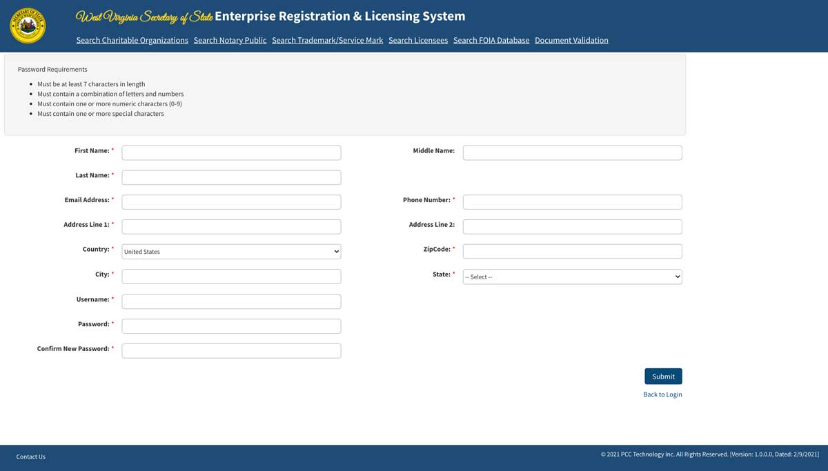 West Virginia Secretary of State Officiant Registration Account Creation