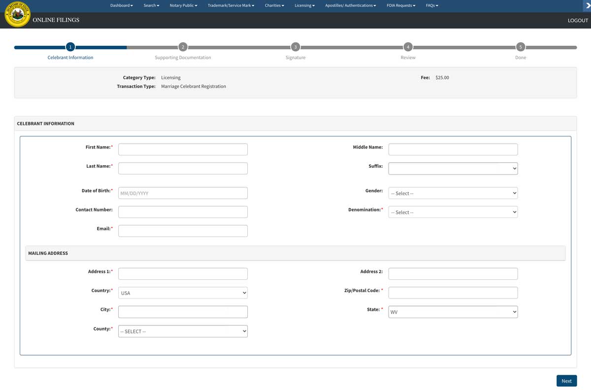 West Virginia Secretary of State Marriage Celebrant Application
