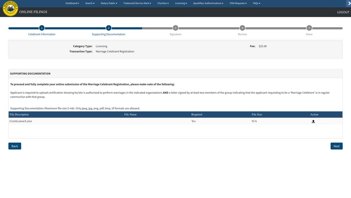 West Virginia Marriage Celebrant Application Upload Credentials
