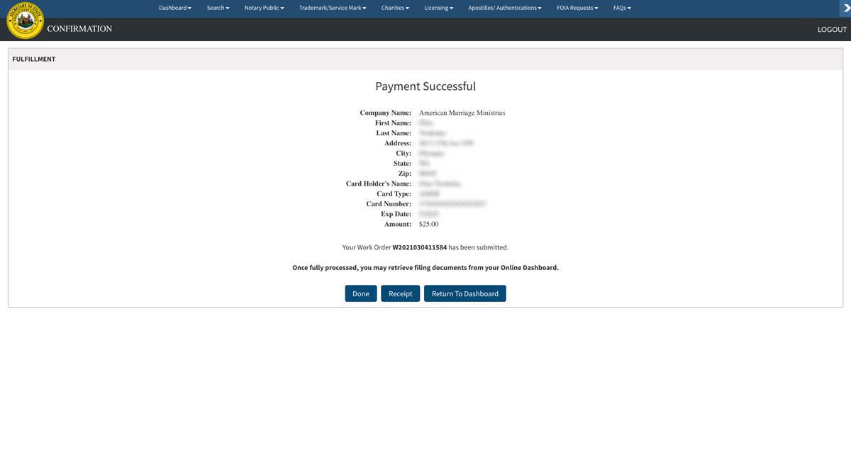 West Virginia Secretary of State Marriage Celebrant Payment Success