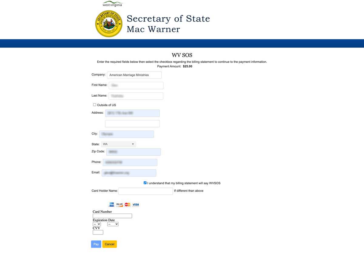 West Virginia Secretary of State Marriage Celebrant Payment
