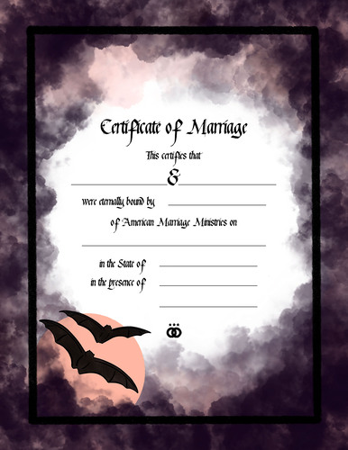 Gothic wedding certificate with illustrated full moon in the lower left corner and silhouettes of two black bats flying in the night sky. Border includes black lines and stylized black billowing clouds to create a moody, romantic, gothic style theme and design. Includes spaces to write the names of the partners being married, the wedding officiant, and two witnesses.
