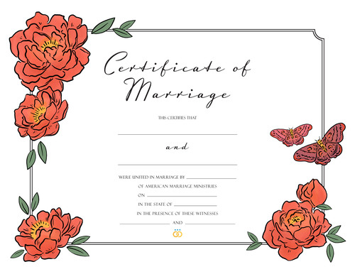 Colorful marriage certificate with peony wedding flowers, illustrations of two moths, and a simple lined border. The peonies are red and rust colored with golden centers. There are two fonts, a heading in cursive reads 'Certificate of Marriage', and there are spaces for the newlyweds, officiant, and witnesses to sign. A very small AMM logo is included at the bottom. 