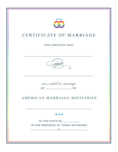 A regal, classic marriage certificate design, with a colorful rainbow AMM logo, a thin lined border in dark blue and a rainbow gradient. Customized with a couple's name and other personal details from the wedding day.