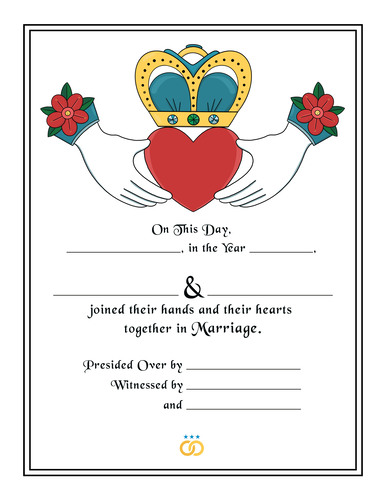 Colorful marriage certificate illustrated with two hands holding a large red heart, with a golden crown on top of the heart, representing the claddagh ring often exchanged in Irish and Celtic wedding and handfasting ceremonies. Black script and a black lined border.