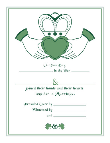 Green Irish theme marriage certificate with an illustrated claddagh ring symbol, two hands holding a heart with a crown on the heart, in various shades of green. Green line border and green script. 