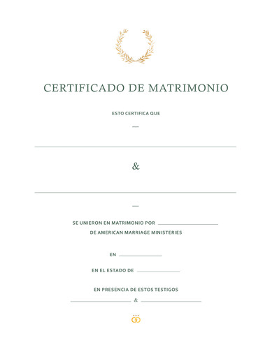 certificado de matrimonio con fondo blanco, letras verdes y decoración de pequeñas hojas doradas en la parte superior de la página