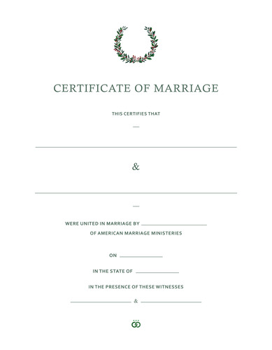 This seasonal marriage certificate has a white background with crisp green letter and a decorative illustrated wreath at the top, with green leaves and small red holly berries. The illustration is small and subtle, for an elegant modern looking certificate. White background and no border.	