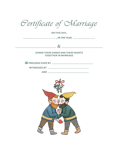 White background, green lettering, and illustration of two gnomes kissing, each wearing a classic gnome outfit with long sleeve shirt, leggings, and a belt with a large buckle, and festive pointed gnome hats. One gnome holds a red heart card, and the other gnome has a sprig of holly in his hat, they kiss under the mistletoe