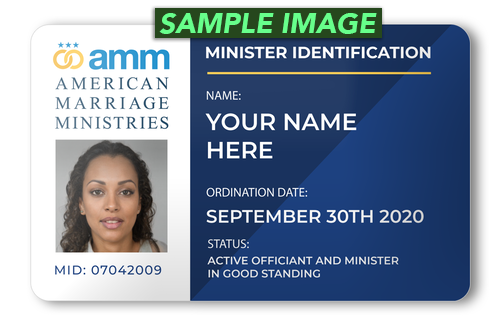 AMM Minister Photo Wallet ID Card Front: Product image shows the front of the AMM ordained minister identification card, with a woman's photo, minister ID number, date of ordination, and other details