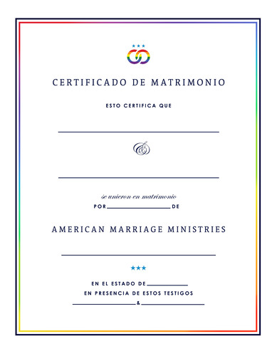 Certificado de Matrimonio de Arcoíris con Firma de AMM
: Certificado de matrimonio decorativo, fondo blanco, texto oscuro, detalles de arcoíris en el borde y logotipo.