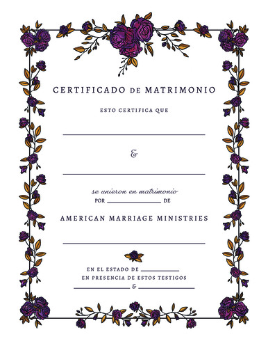 Un certificado de matrimonio gótico con una rosa personalizado de inspiración vintage; Bellamente ilustrado con un diseño gótico de rosa violeta. Papel blanco impreso con letras negras e ilustración colorida de inspiración gótica.