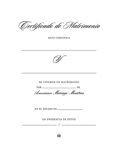 Certificado de matrimonio simple, elegante y eterno, en papel blanco con letras negras en una hermosa fuente.	