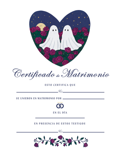 Este lindo certificado de matrimonio gótico con fantasmas tiene un fondo blanco con letras negras. En la parte superior, se ve una ilustración de dos lindos fantasmas juntos por la noche, rodeados de rosas; el dibujo está enmarcado en forma de corazón. ¡Un certificado de matrimonio dulce, tierno y único!