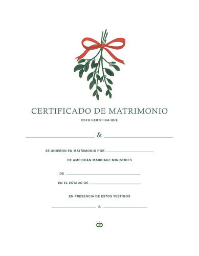 Un certificado de boda festivo de invierno, fondo blanco con letras verdes, que presenta un manojo ilustrado de muérdago en la parte superior, verde, atado con una cinta roja.