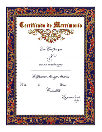 Este certificado de boda adornado presenta un borde de filigrana tradicional, un encabezado en negrita, letras ornamentadas y acentos atemporales en rojo y dorado sobre un fondo blanco.
