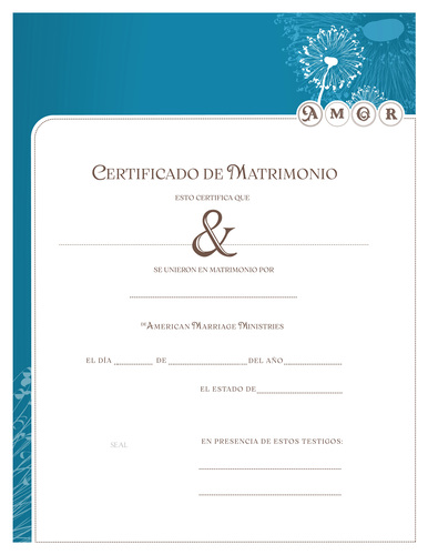 Imagen del producto del certificado de matrimonio moderno, con fondo blanco, borde azul, ilustración de flor de diente de león y espacios para que los recién casados ​​y el oficiante de la boda escriban sus nombres.	