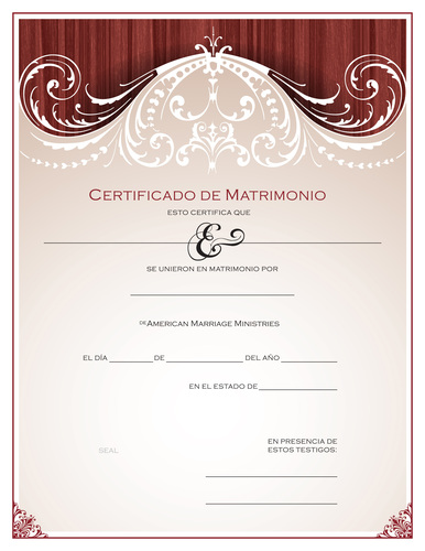 Imagen de un hermoso certificado de matrimonio de inspiración renacentista, con un fondo de color crema, detalles en rojo intenso similares a la veta de la madera y una fuente de escritura decorativa, con espacios para que el oficiante de la boda y los recién casados ​​escriban sus nombres.