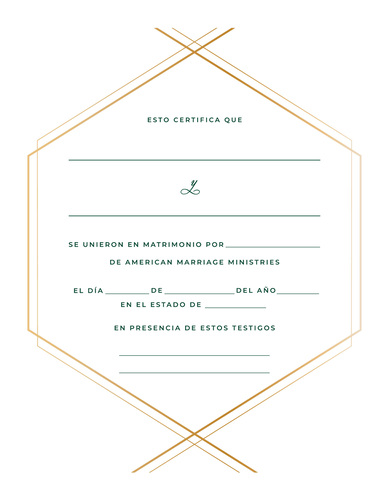 Un diseño moderno y geométrico sobre fondo blanco, con espacios para que los recién casados ​​y el oficiante escriban sus nombres. Elegante, sofisticado, artístico y hermoso.