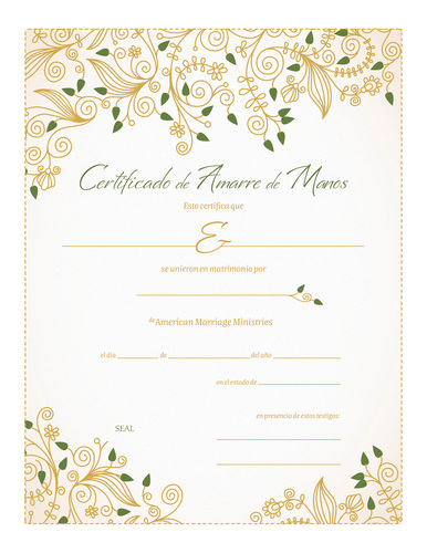 Un hermoso certificado de matrimonio con temática de naturaleza para ceremonia de encuadernación a mano, con un borde blanco, fondo amarillo pálido, ilustraciones de flores y una escritura delicada, con lugares para que el oficiante de la boda y los recién casados ​​escriban sus nombres.