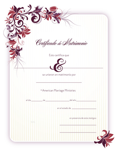 Un certificado de matrimonio con fondo blanco, ilustraciones florales con temática de naturaleza y escritura delicada.
