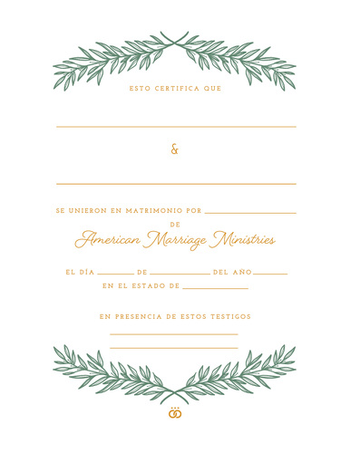 Certificado de matrimonio con temática natural con letras doradas claras sobre fondo blanco, artístico y hermoso.
