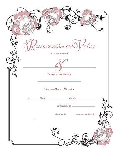 Imagen del producto: un certificado de renovación de votos romántico con un diseño de borde floral rosa, una fuente de escritura delicada y un fondo blanco.