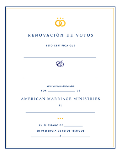 Imagen del producto: un certificado de renovación de votos elegante y tradicional con letras limpias y sofisticadas sobre un fondo blanco.
