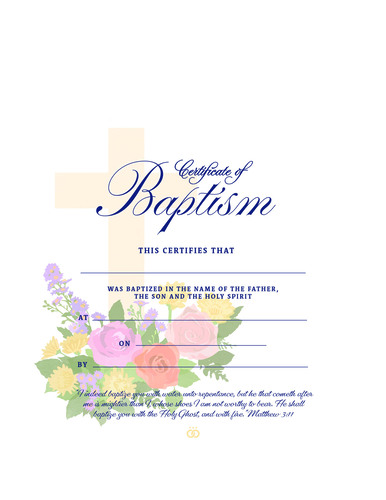 elegant Christian baptism certificate with illustrations of golden cross, colorful flowers, black script, and bible quote on a white background