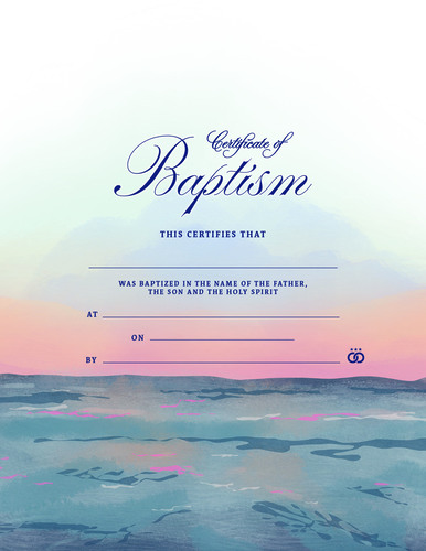 An illustrated Christian water baptism certificate, with elegant black script against a background of colorful ocean waves at sunrise, reflections of pink and yellow in the blue water
